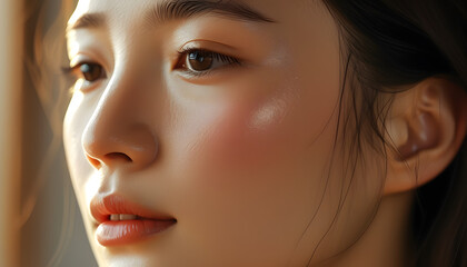 Captivating portrait of a young woman indoor setting close-up photography natural light soft focus beauty concept