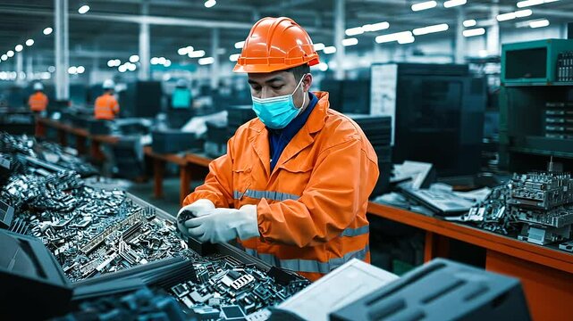 A worker at a sorting station in an electronics recycling plant, separating components from old devices like printers and televisions, surrounded by cluttered tech waste