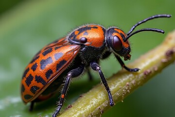 Naklejka premium Close-up of a Colorful Spotted Beetle on a Twig