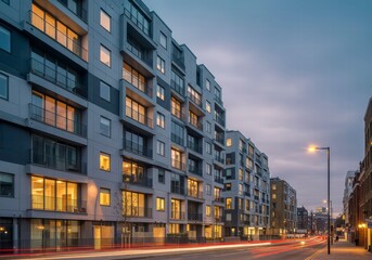 Contemporary Apartment Building in London at Dusk, Illuminated Against the Evening Sky
