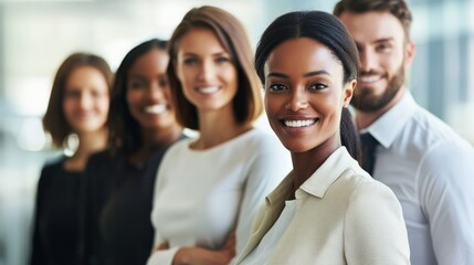 Obraz premium business, team, businessman, people, group, office, A group of professional elites stood together, smiling warmly and looking directly at the audience.