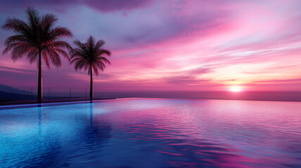 Stunning sunset over infinity pool with palm trees