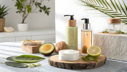  Natural skincare products displayed with fresh fruits and greenery, creating a serene and organic atmosphere
