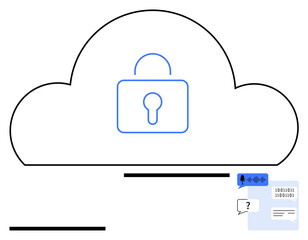 Cloud with central lock, data exchange icons including speech input, binary codes, and QA bubble. Ideal for cybersecurity, cloud data, encryption, secure communication, privacy AI abstract line