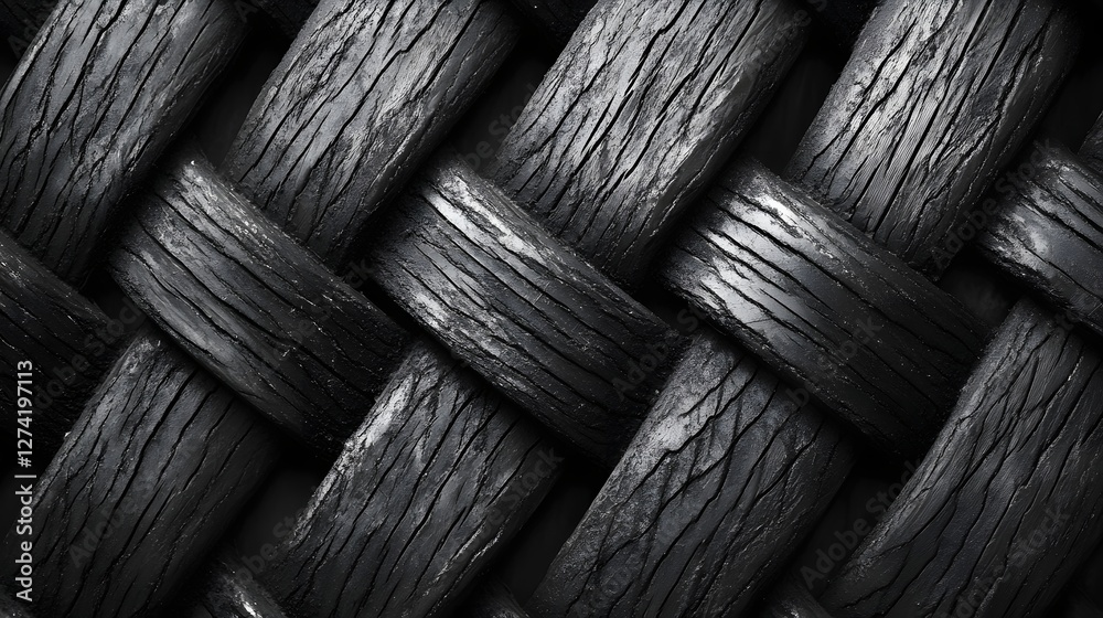 Aufkleber close-up of a dark, intricately woven texture resembling wood or charcoal. abstract pattern ideal fo
