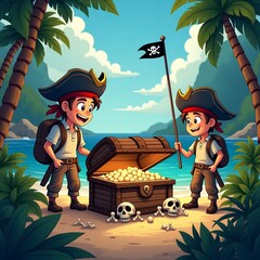 Two young pirates share their treasure chest on a tropical island.