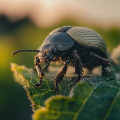 Fototapeta premium Close view of a shiny beetle resting on a leaf at sunset in a lush green garden