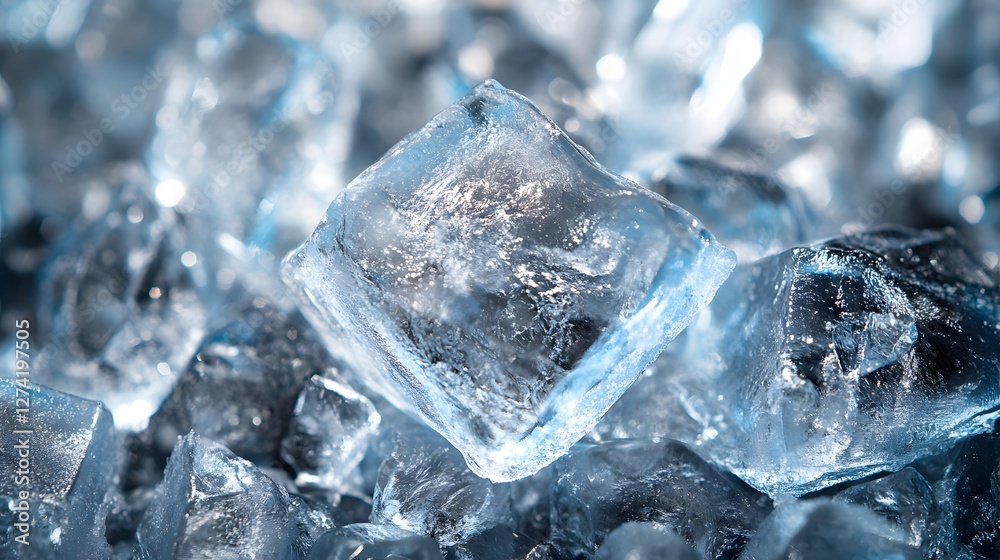 Poster A macro photograph showcasing a pile of translucent ice cubes, emphasizing their crystal-like structure and icy textures. Close-up of Sparkling Ice Cubes, Crystal Clear Texture