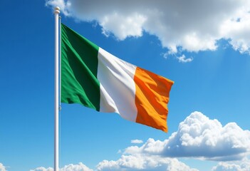 Irish flag waving against blue sky and clouds