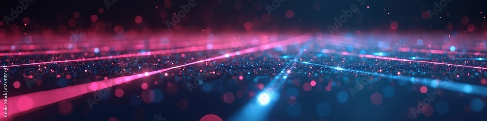 Poster dark abstract tech grid background with minimalist futuristic elements. softly glowing neon pink, bl