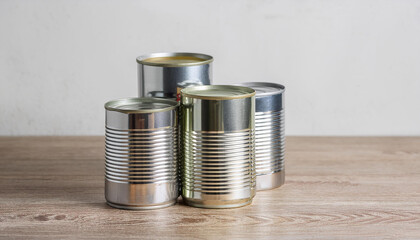Aluminum cans of canned goods on wooden table, light wall backdrop. Food preservation.