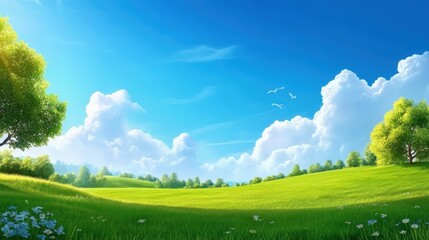 A vibrant landscape featuring lush green fields under a bright blue sky, dotted with fluffy white clouds. A serene environment perfect for relaxation and outdoor activities.