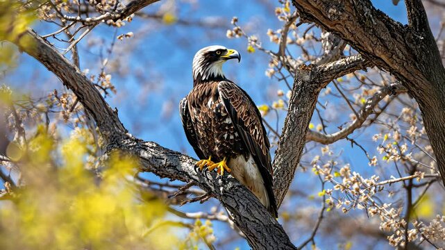 Bald eagle perched on branch in springtime setting with blue sky and budding leaves