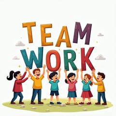 Children Holding Up "Teamwork" Letters, Celebrating Collaboration