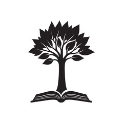 Tree of knowledge, growing from open book, black and white illustration, silhouette style 