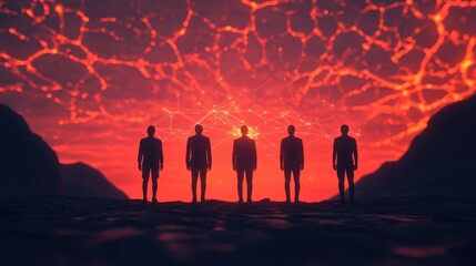 Fototapeta premium Silhouetted Figures Against a Dramatic Mountainous Landscape at Sunset