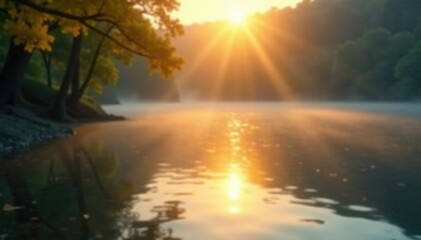 Obraz premium Soft golden light with subtle bokeh blur on a serene lake at dawn, bokeh, lake