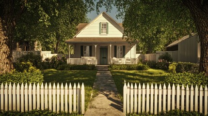 Charming white house with picket fence and lush garden in serene suburban neighborhood