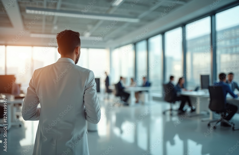 Poster modern office blurred background with working businessmen. man looks at coworkers discussing project