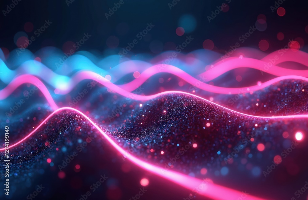 Aufkleber Abstract futuristic background with pink blue glowing neon wave lines, bokeh lights. Data transfer concept. Fantastic wallpaper. High speed motion stream. Modern tech design. Cyber space science
