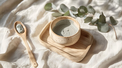 Natural clay mask in a ceramic bowl with wooden spoon on a textured cloth, spa wellness concept