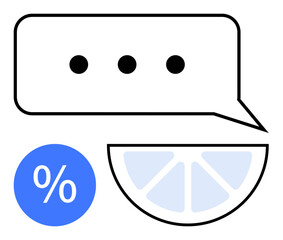 Chat bubble with ellipsis, percentage sign, and citrus slice. Ideal for digital communication, feedback, online connectivity, discounts, finance, virtual interaction abstract line flat metaphor