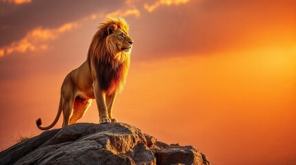 The powerful lion king standing smart top of the mountain , in savana. © IndyWingman