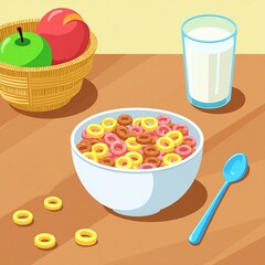 Colorful cereal bowl with milk and fruit, perfect for a healthy breakfast illustration.