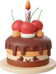 Chocolate cake with cherry for celebration party, Happy Birthday, 3d illustration