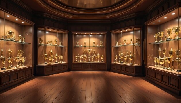 Illustration trophies collection in display cases with glass shelves. Gold cups arranged in shelving. Elegant design of interior, museum of achievements, recognition, craftsmanship, competition