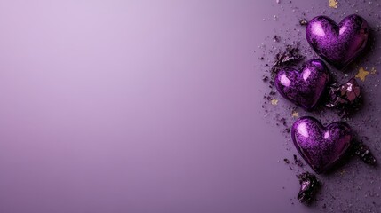 Fototapeta premium This image features a collection of shiny purple heart-shaped decorations scattered on a soft lavender background, creating a whimsical and romantic atmosphere.