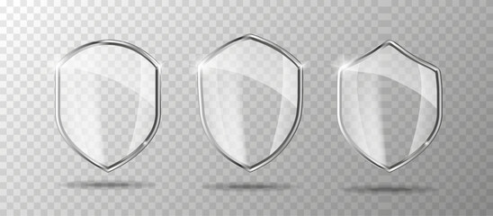Glass screen set. Protection shield concept. Security badge icon. Privacy banner shield. Security label.
