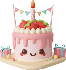 Birthday cake with strawberry decorated by gift box for celebration party, Happy Birthday, 3d illustration