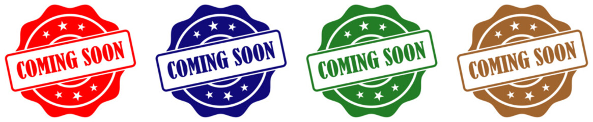 Coming soon rubber stamp in different color set. Coming soon stamp badge design. Red blue green brown coming soon icons. Graphic vector badge for announcement. Vector illustration
