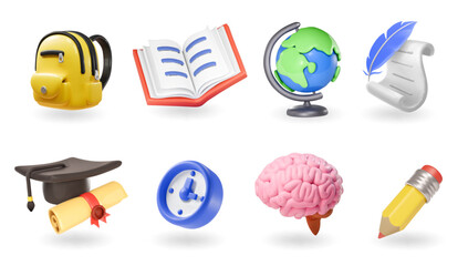 School and education icons. Back to school collection 3d render vector set. Graduation cap, school bag, globe, open book,brain, pencil, diploma. Online class concept