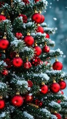 Snowflakes gently falling onto a Christmas tree covered in bright red ornaments, winter wonderland, wintery scene, holiday season