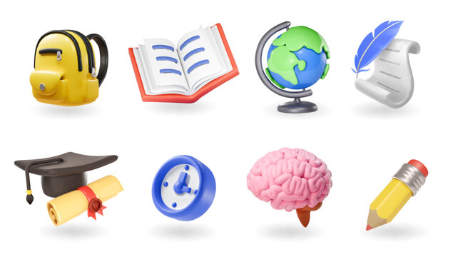School and education icons. Back to school collection 3d render vector set. Graduation cap, school bag, globe, open book,brain, pencil, diploma. Online class concept