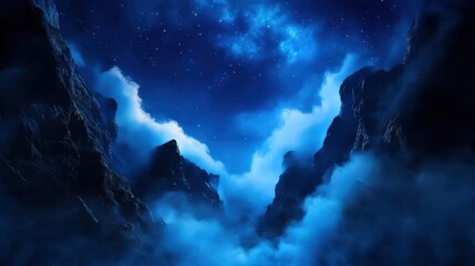 A serene night landscape featuring majestic mountains shrouded in mist, under a starry sky that evokes a sense of wonder and tranquility, perfect for nature enthusiasts and dreamer