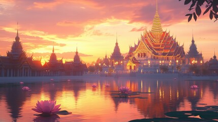 A serene sunset over a tranquil lake, featuring a majestic temple surrounded by lotus flowers and vibrant skies.