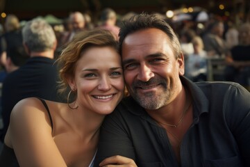 Obraz premium Portrait of a blissful caucasian couple in their 40s attending a cultural event