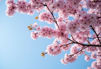 Obraz premium Pink Cherry Blossoms Against Pale Blue Sky