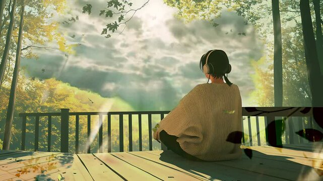 A woman sitting cross-legged on a wooden deck, meditating while surrounded by golden sunlight and lush trees. Seamless looping time lapse animation video background.  
