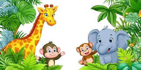 Naklejka premium Cute jungle animals giraffe, elephant, monkeys. Tropical leaves background. Children's book illustration