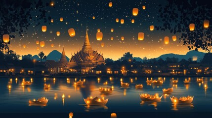 A serene night scene featuring floating lanterns over a tranquil lake, with a beautiful temple illuminated in the background. © pansit.me