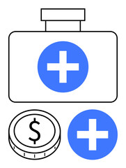 Obraz premium Medical bag with cross icon, dollar coin, and health symbol highlight healthcare costs, financial planning, insurance, accessibility, savings, support systems, and investment focus in abstract line