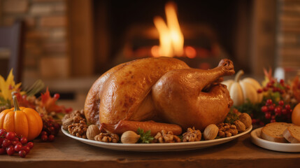 Delicious roasted turkey on festive table with autumn decorations