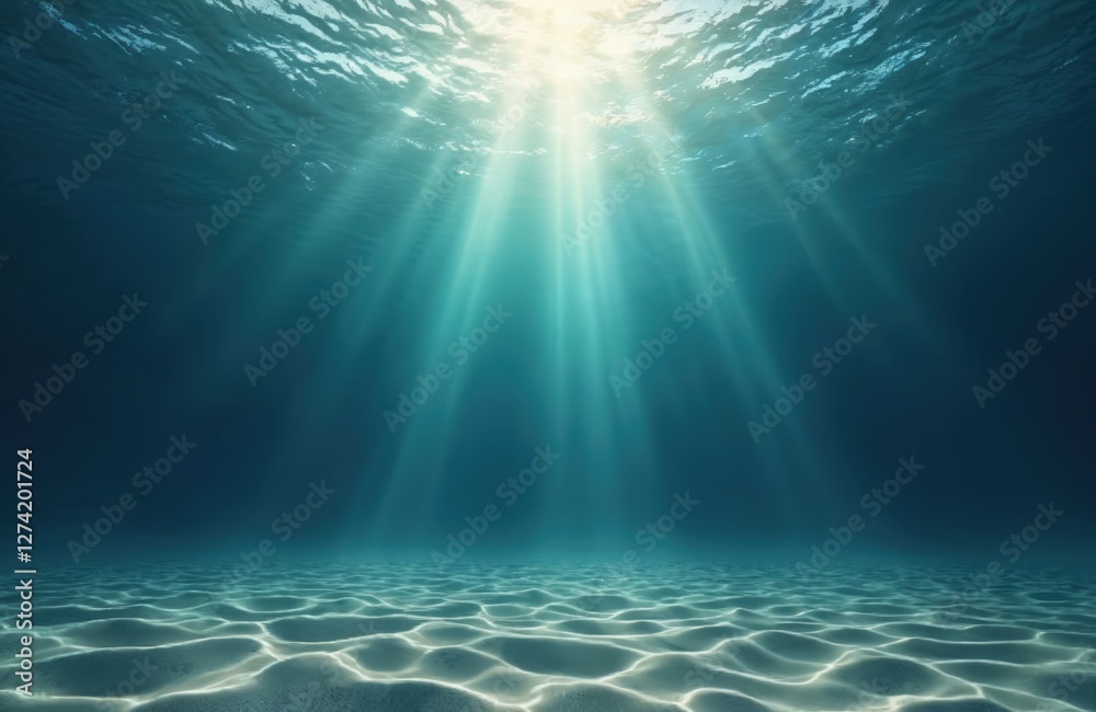 Aufkleber Dramatic underwater view with sunbeams shining through ocean water. Sunlight rays through surface creating refraction. Tropical sea scene. Underwater sand with wave pattern, texture. Mystique of deep