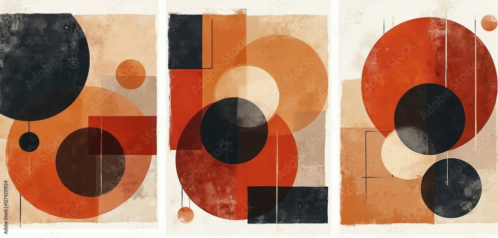 Aufkleber vintage illustration in triptych format blending delicate hues in circular formations. abstract desi