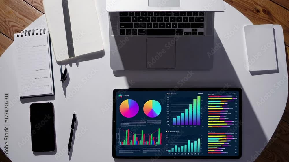 Aufkleber financial data analysis unfolding across multiple digital devices on minimalist white round workspac