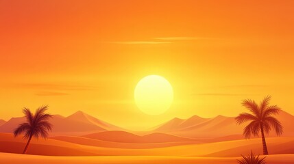 A stunning sunset over a desert landscape, featuring silhouetted palm trees against a vibrant orange sky. The serene view evokes a sense of peace and natural beauty.